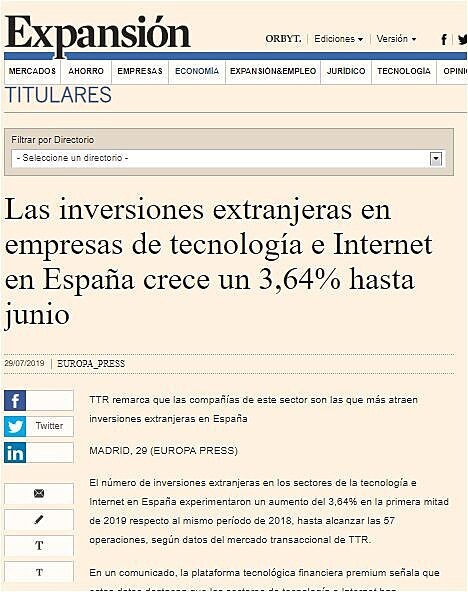 Las inversiones extranjeras en empresas de tecnologa e Internet en Espaa crece un 3,64% hasta junio